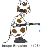 #41264 Clip Art Graphic Of A Spotted Dog Using A Pressure Washer