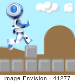 #41277 Clip Art Graphic Of A Pixelated Video Game Screen With A Blue Pixelated Ao-Maru Robot Conquering Obstacles