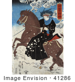 #41286 Stock Illustration Of A Japanese Person Riding Sidesaddle On A Brown Horse Through The Snow