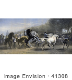 #41308 Stock Illustration Of Men Walking With And Riding Black Brown And White Horses At A Horse Fair