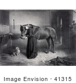 #41315 Stock Illustration Of A Woman Reeding And Leaning Against A Horse While A Dog Watches And A Kitten Plays A Man Standing In The Background