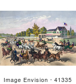 #41335 Stock Illustration Of A Busy Street Scene Of Horses And Carriages On A Road Near A Building