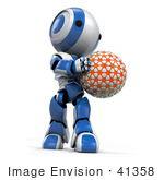 #41358 Clipart Illustration Of A 3d Blue Ao-Maru Robot Holding And Looking Down At An Orange Planet Or Ball