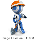 #41368 Clipart Illustration Of A 3d Blue Ao-Maru Robot In A Hardhat Walking With A Shovel