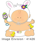 #41426 Clip Art Graphic Of An Easter Baby With A Rattle Chicks And Bunny Ears