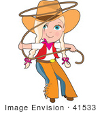 #41533 Clip Art Graphic Of A Western Cowgirl Child Swinging A Lariat