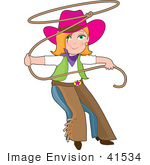 #41534 Clip Art Graphic Of A Western Cowgirl In Chaps Swinging A Lariat