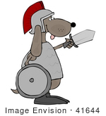 #41644 Clip Art Graphic Of A Brown Pooch Warrior With A Shield And Sword