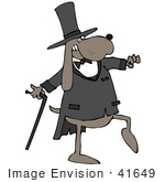 #41649 Clip Art Graphic Of A Brown Pooch In A Tux And Top Hat Using A Cane
