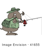 #41655 Clip Art Graphic Of A Brown Pooch Fishing