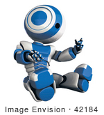#42184 Clip Art Graphic Of A Blue Futuristic Robot Looking At His Hand