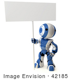 #42185 Clip Art Graphic Of A Blue Futuristic Robot Standing With A Blank Sign