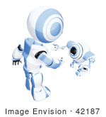 #42187 Clip Art Graphic Of A Blue Futuristic Robot Bending Down To Greet A Cam