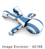 #42188 Clip Art Graphic Of A Blue Futuristic Robot Laying Flat On His Face