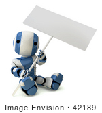 #42189 Clip Art Graphic Of A Blue Futuristic Robot Sitting With A Sign