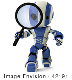 #42191 Clip Art Graphic Of A Blue Futuristic Robot Inspecting