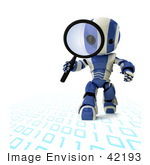#42193 Clip Art Graphic Of A Blue Futuristic Robot Researching Binary Code