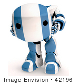 #42196 Clip Art Graphic Of A Blue Futuristic Robot Holding His Head