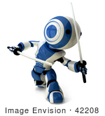 #42208 Clip Art Graphic Of A Blue Futuristic Robot With Katana Swords