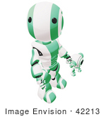 #42213 Clip Art Graphic Of A Green Futuristic Robot Walking With A Cam And Looking Up