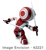 #42221 Clip Art Graphic Of A Red Futuristic Robot Fighting With Katana Swords