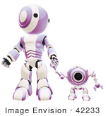 #42233 Clip Art Graphic Of A Purple Futuristic Robot Holding Hands With A Cam