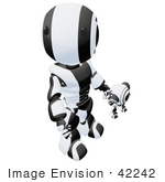 #42242 Clip Art Graphic of a Black Futuristic Robot Looking Up And Holding Hands With A Cam by Jester Arts