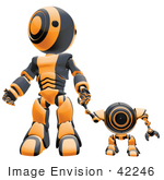 #42246 Clip Art Graphic Of An Orange Futuristic Robot Holding Hands With A Cam