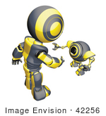 #42256 Clip Art Graphic Of A Yellow Futuristic Robot Greeting A Cam