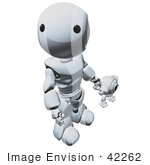 #42262 Clip Art Graphic Of A Chrome Futuristic Robot Looking Up And Holding Hands With A Cam