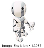 #42267 Clip Art Graphic Of A Silver Futuristic Robot Looking Up And Holding Hands With A Cam