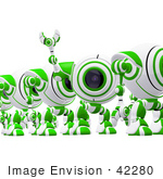 #42280 Clip Art Graphic Of A Waving Green Cam In A Line