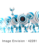 #42281 Clip Art Graphic Of A Waving Blue Cam Standing In A Line
