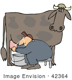 #42364 Clip Art Graphic Of A Cow&Rsquo;S Udder Squirting A Male Farmer In The Face