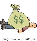 #42385 Clip Art Graphic Of A Heavy Money Sack On Top Of A Man