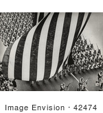 #42474 Royalty-Free (RF) Stock Photo of an Aerial View Of Soldiers Marching And Carrying Rifles, With The American Flag Above Them by JVPD