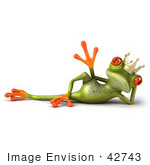 #42743 Royalty-Free Clipart Illustration of a Reclined And Waving 3d Red-Eyed Tree Frog Prince Or King With Big Red Eyes by Julos