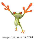 #42744 Royalty-Free Clipart Illustration of a Dancing 3d Red-Eyed Tree Frog Leaping And Holding His Arms Up by Julos