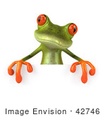 #42746 Royalty-Free Clipart Illustration of a Cute 3d Red-Eyed Tree Frog Standing Behind A Blank Sign by Julos