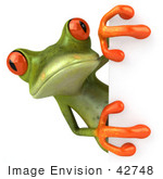 #42748 Royalty-Free Clipart Illustration of a Cute 3d Red-Eyed Tree Frog Looking Around A White Sign by Julos