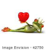 #42750 Royalty-Free Clipart Illustration Of A Reclined 3d Red-Eyed Frog Prince Wearing A Crown And Holding Up A Red Heart