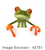 #42751 Royalty-Free Clipart Illustration of a Cute 3d Red-Eyed Tree Frog Pointing Down At A Blank Sign by Julos