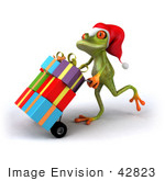 #42823 Royalty-Free (RF) Clipart Illustration of a 3d Red Eyed Tree Frog Pushing Christmas Gifts On A Hand Truck - Version 1 by Julos