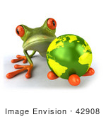 #42908 Royalty-Free (RF) Clipart Illustration of a 3d Red Eyed Tree Frog Holding The Planet - Pose 1 by Julos