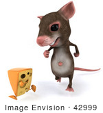 #42999 Royalty-Free (Rf) Cartoon Clipart Illustration Of A 3d Mouse Mascot Chasing A Wedge Of Cheese - Version 1