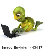 #43037 Royalty-Free (Rf) Cartoon Clipart Of A 3d Turtle Mascot Resting On His Belly And Using A Laptop