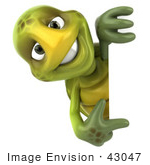 #43047 Royalty-Free (Rf) Cartoon Clipart Of A 3d Turtle Mascot Smiling And Looking Around A Blank Sign While Pointing