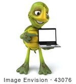 #43076 Royalty-Free (Rf) Cartoon Clipart Of A 3d Turtle Mascot Standing And Pointing To A Laptop