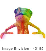#43185 Royalty-Free (Rf) Illustration Of A 3d Rainbow Colored Chameleon Lizard Mascot Standing Behind A Blank Sign