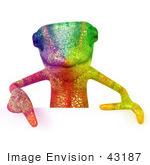 #43187 Royalty-Free (Rf) Illustration Of A 3d Rainbow Colored Chameleon Lizard Mascot Pointing Down To And Standing Behind A Blank Sign